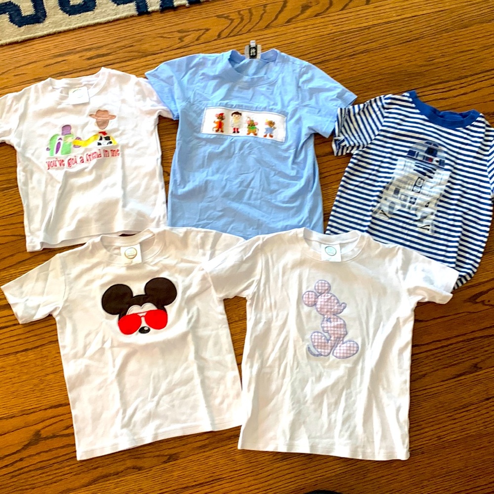 5 Disney World Boys T-shirts - 2 Mickey Mouse, Star Wars, Cinderella & Toy Story